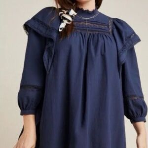 Maeve by Anthropologie Dress Fleetwood Ruffle Navy Blue Mini Dress Boho SIZE 16